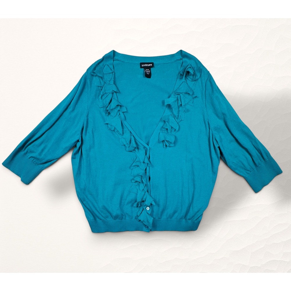 Lane Bryant Cardigan Women 26/28 Teal Ruffle Trim Cotton Knit Coastal Grandma